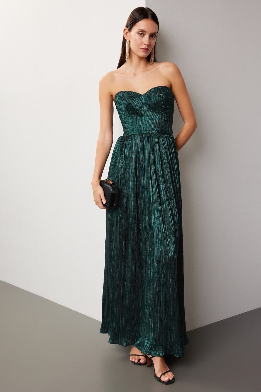 Dress the Population Sz XS Audrina Forest Green Pleat Ribbed Strapless Gown